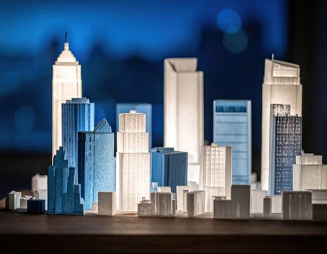 Miniature city skyline model with illuminated skyscrapers.