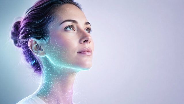 AI generated futuristic woman portrait glowing digital particles cyan violet light symbolizing technology beauty innovation virtual identity advanced human transformation