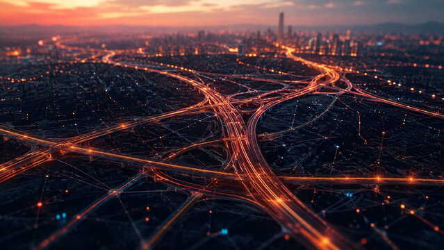 AI generated futuristic city highway network glowing at sunset representing smart transportation digital connectivity urban infrastructure mobility technology connected city systems