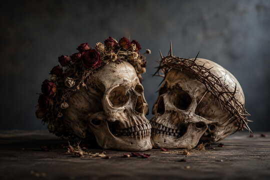 AI generated two weathered human skulls dried roses thorn crowns resting together wood representing mortality death remembrance love loss decay gothic symbolism