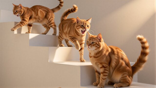 Four orange cats descend stairs, one roaring, others calm.
