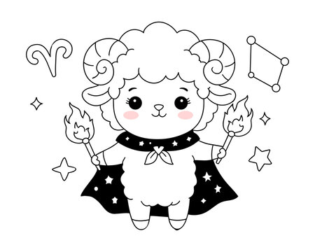 Cute Kawaii Aries Ram Coloring Page with Flames for Kids