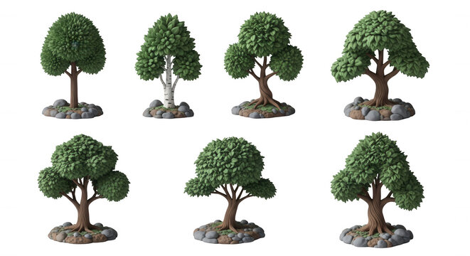 various 3d rendered miniature trees standing on rocks against a clean white background illustrations and design projects