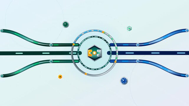 Digital data flow through a central hub with glowing neon conduits