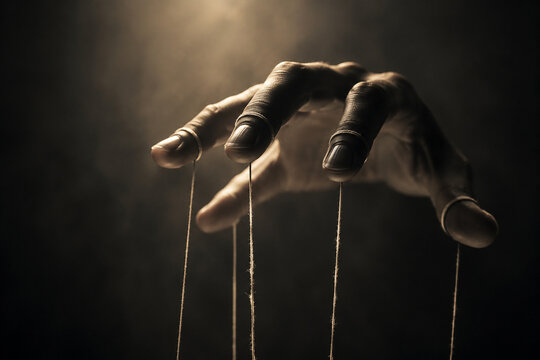 AI generated human hand controlling hanging puppet strings dramatic darkness representing manipulation power control influence authority deception psychological dominance