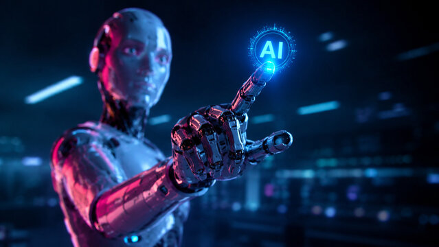 AI generated futuristic humanoid robot touching glowing AI hologram mechanical finger neon technology environment representing artificial intelligence automation innovation