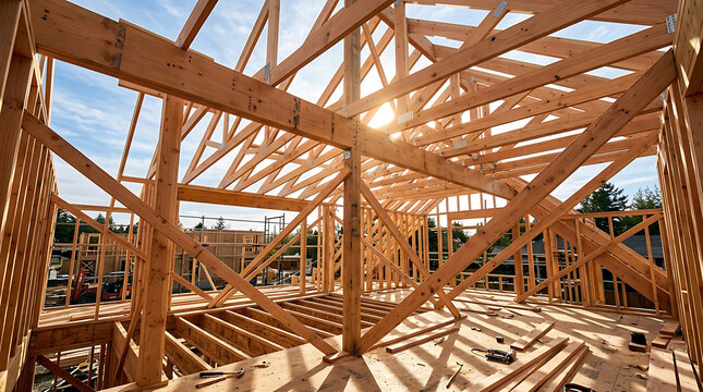 Wooden framework construction of a residential building with sunlight shining through the structure
