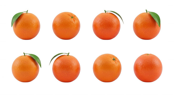 eight oranges arranged in a 2x4 grid freshness and appealing aesthetics against a blank white backdrop product promotion