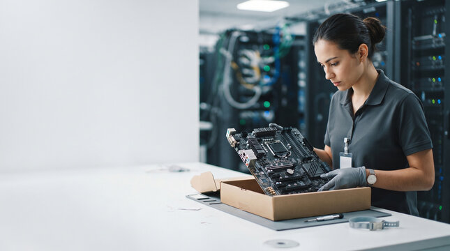 Computer technician woman inspecting motherboard in data center with server rack and expansion card
