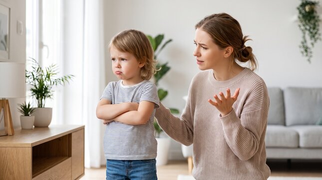 A mother trying to reason with her stubborn young child who is pouting and has arms crossed, showing defiance in a bright living room.