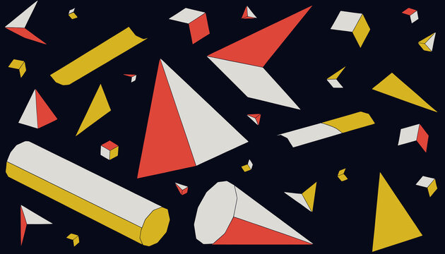 Abstract Geometric Shapes, 3D Solids, Retro Colors on Dark Background