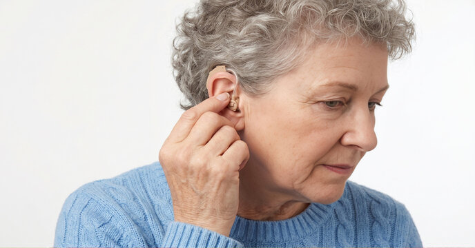 Elderly woman adjusting her modern discreet hearing aid device for better audition
