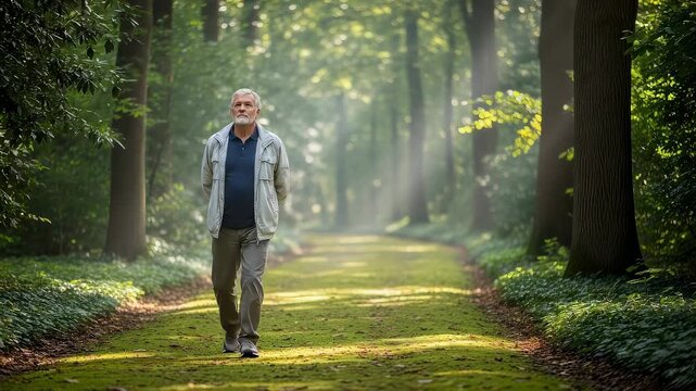 Elderly man walking on forest path for daily rehabilitation exercise. Senior male patient enjoying nature walk for mental health recovery in peaceful green woods.