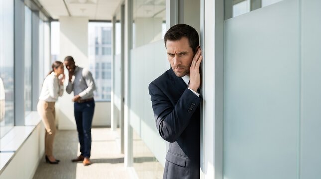 A man in a suit secretly eavesdropping on two colleagues whispering in a modern office hallway with large windows overlooking a city.
