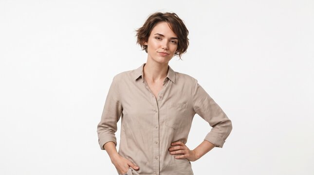 A confident young woman with short brown hair winking and smirking at the camera while standing against a white background.