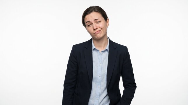 Woman in business suit with a skeptical or unimpressed expression.