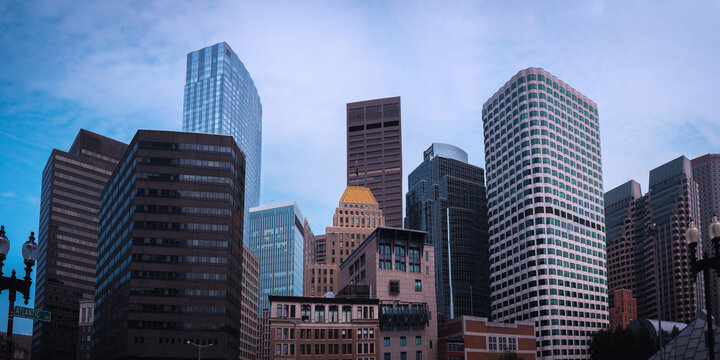 Boston business center skyline and historic landmark buildings in Massachusetts