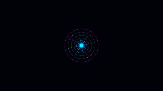 Abstract quantum physics animation footage featuring glowing blue core and digital grid circles.