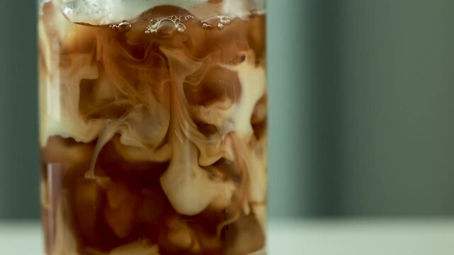 A close-up of milk being poured into an iced coffee drink creating swirling cream clouds in a dark glass.