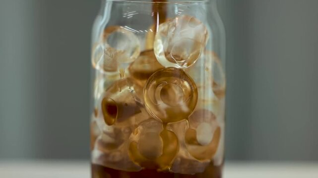 A close-up of an iced americano in a glass with visible ice cubes and dark coffee creating a layered effect against a neutral background.