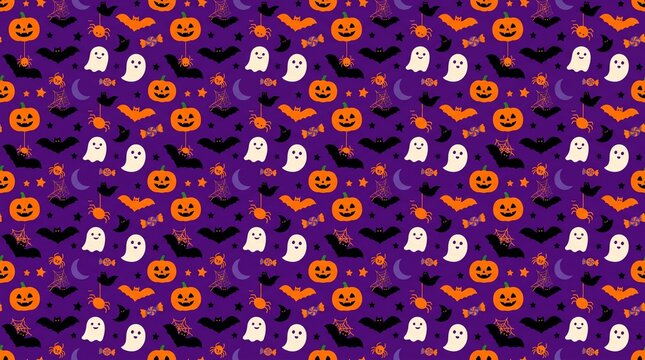 Seamless Halloween Pattern with Jack-O-Lanterns, Ghosts, Bats, and Candies on Purple Background