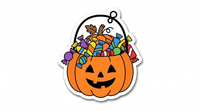 Halloween Candy Bucket Vector Illustration with Wrapped Treats Sticker Style