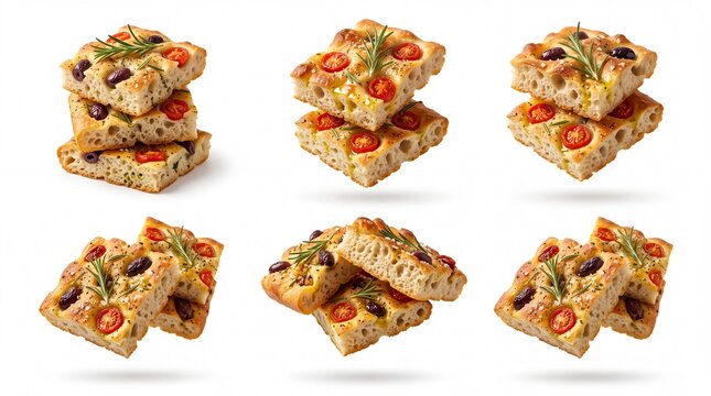 Fresh italian focaccia bread with tomatoes and olives