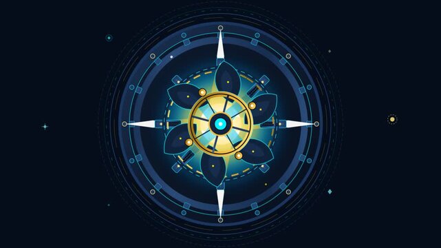 Abstract Digital Compass Rotating with Glowing Geometric Navigation Icons