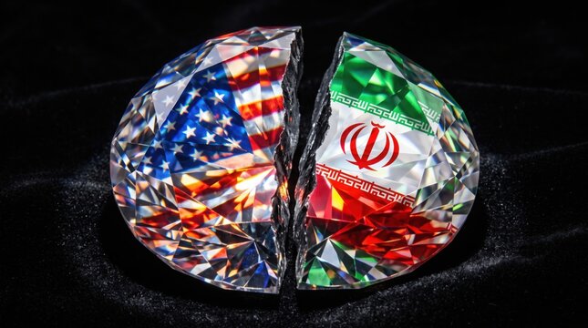 Split crystal gemstone displaying divided international relations between two distinct nations represented by national flag patterns