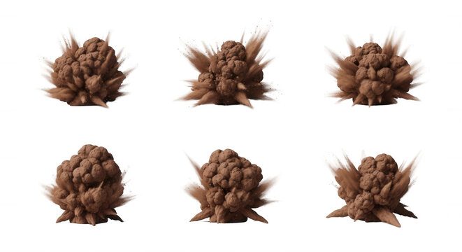 series of simulated explosions of soil particles against a white backdrop for science and special effects use