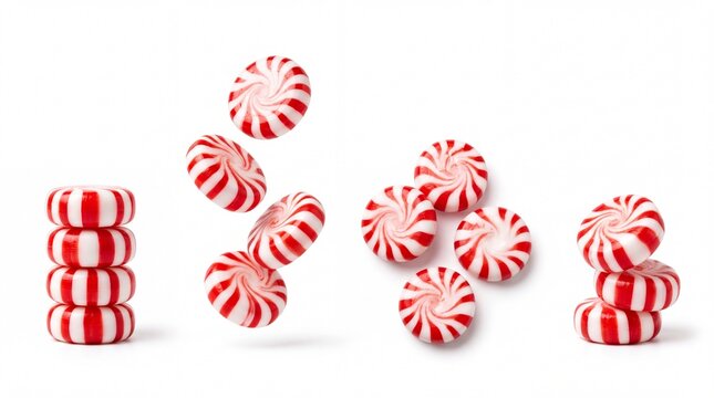 Red and white striped peppermint candies falling