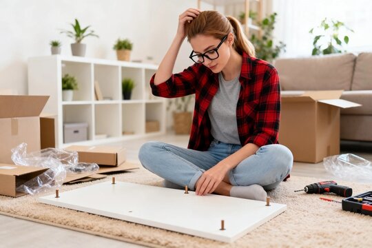 Woman assembling furniture at home in living room