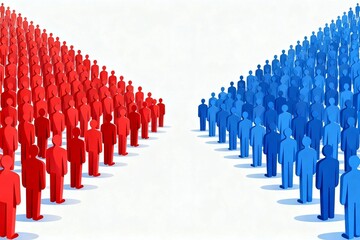 Fototapeta premium Red and blue crowds facing off in a divided group concept
