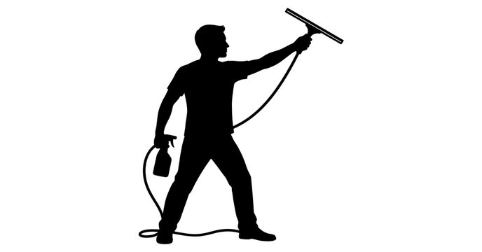 Black silhouette vector of window cleaner man holding squeegee and spray bottle