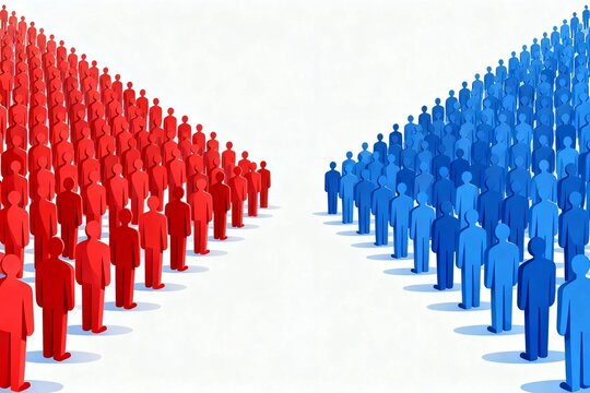 Red and blue crowds facing off in a divided group concept
