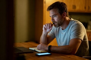 Fototapeta premium Thoughtful man studying at home with laptop and notebook