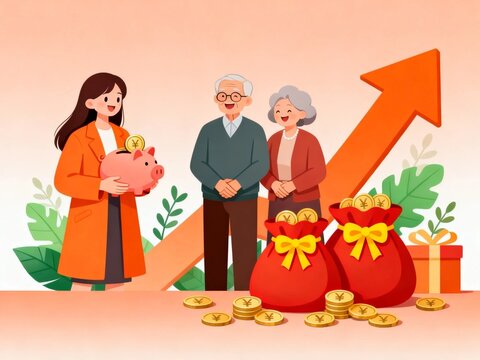 Retirement savings growth with family and piggy bank illustration