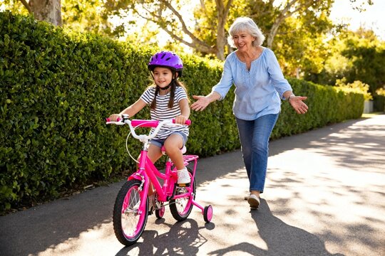 Grandmother Helping Girl Ride Bicycle in Park