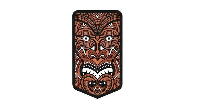 Vibrant Maori Tiki Mask Vector Art with Intricate Patterns and Flat Shading