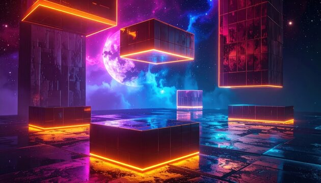 Abstract neon cube environment in space with nebula.