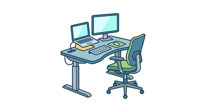 Modern workstation includes a laptop stand, monitor, and adjustable chair.