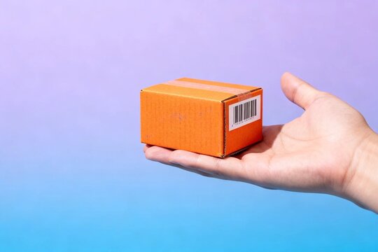 Hand Holding Small Orange Shipping Box on Gradient Background