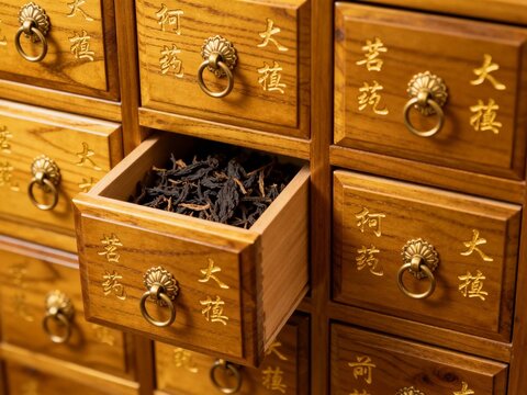 Chinese Herbal Medicine Drawer With Traditional Wooden Cabinet