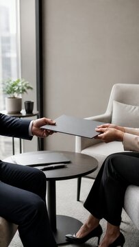 Recruitment interview folder handoff in office lounge