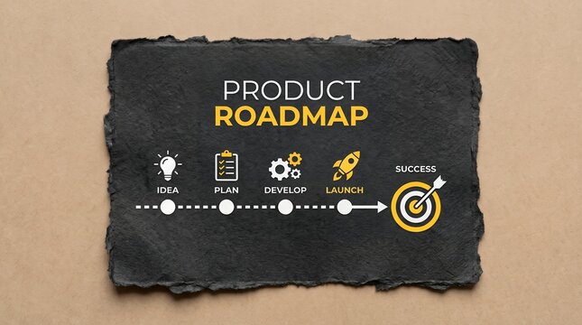 Product roadmap concept shown with paper craft style icons depicting idea plan develop launch stages leading to ultimate success goal on dark textured slate flatlay business strategy