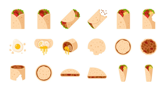 breakfast burrito vector tortilla wrap collection set of flat mexican food with fried egg melted cheese meat beef taco quesadilla for morning restaurant menu graphic design