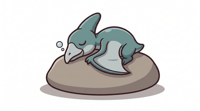 Cute baby pterodactyl sleeping on a stone in a flat cartoon style