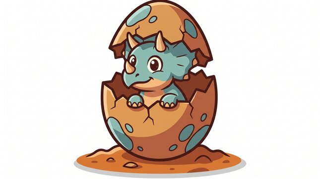 Cute baby triceratops dinosaur hatching from a spotted egg on the ground