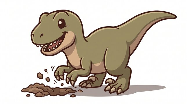 Cute cartoon dinosaur digging in the dirt isolated on white background