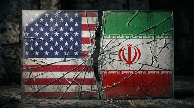 Shattered glass panels displaying national flags representing diplomatic tension between two separate global sovereign nations with side side